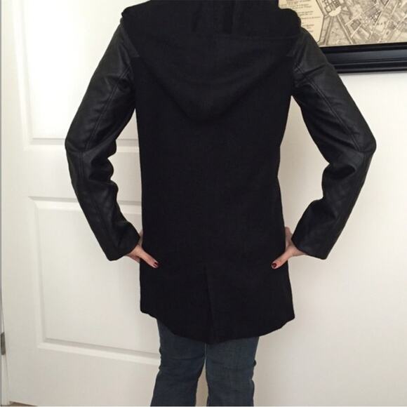 Jolt Faux Leather Sleeve Parka Hooded Womens Large Wool Blend Peacoat - Picture 9 of 10